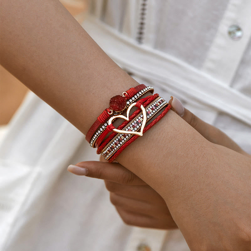 Olivenorma Multicolor Crystal Cluster Metallic Heart Braided Leather Bracelet - image 5