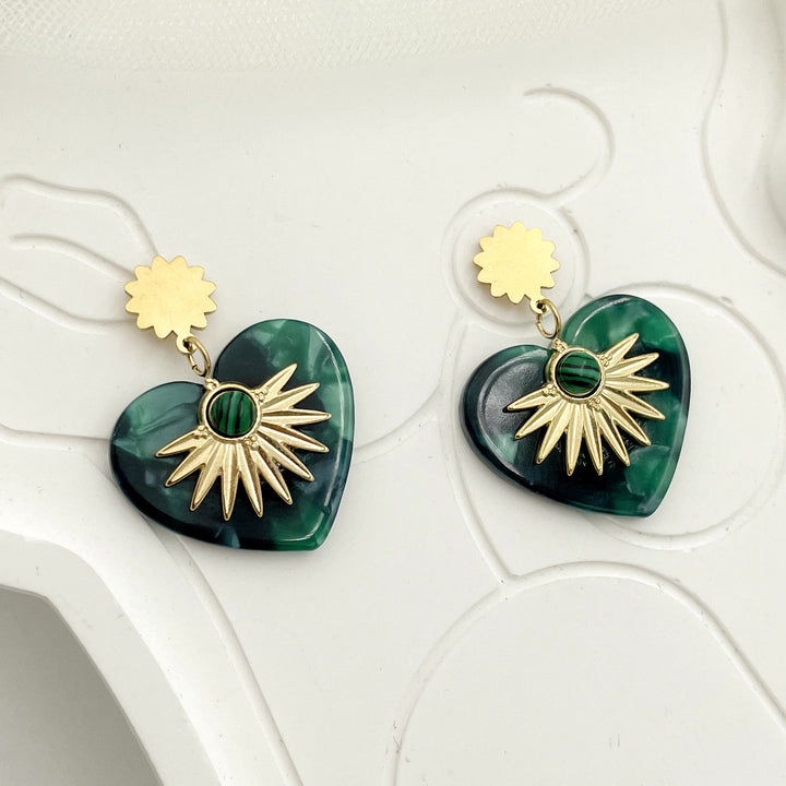 Olivenorma Moss Agate Gold Stainless Steel Heart Shaped Earrings - image 7