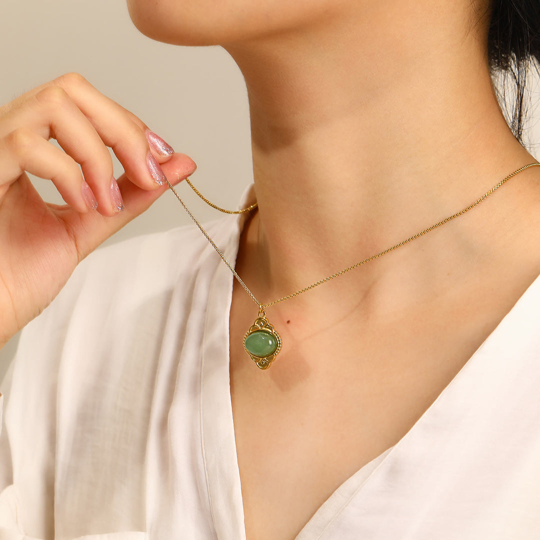 Olivenorma Natural Stone Palace Retro Lace Inlaid Pendant Necklace - image 2