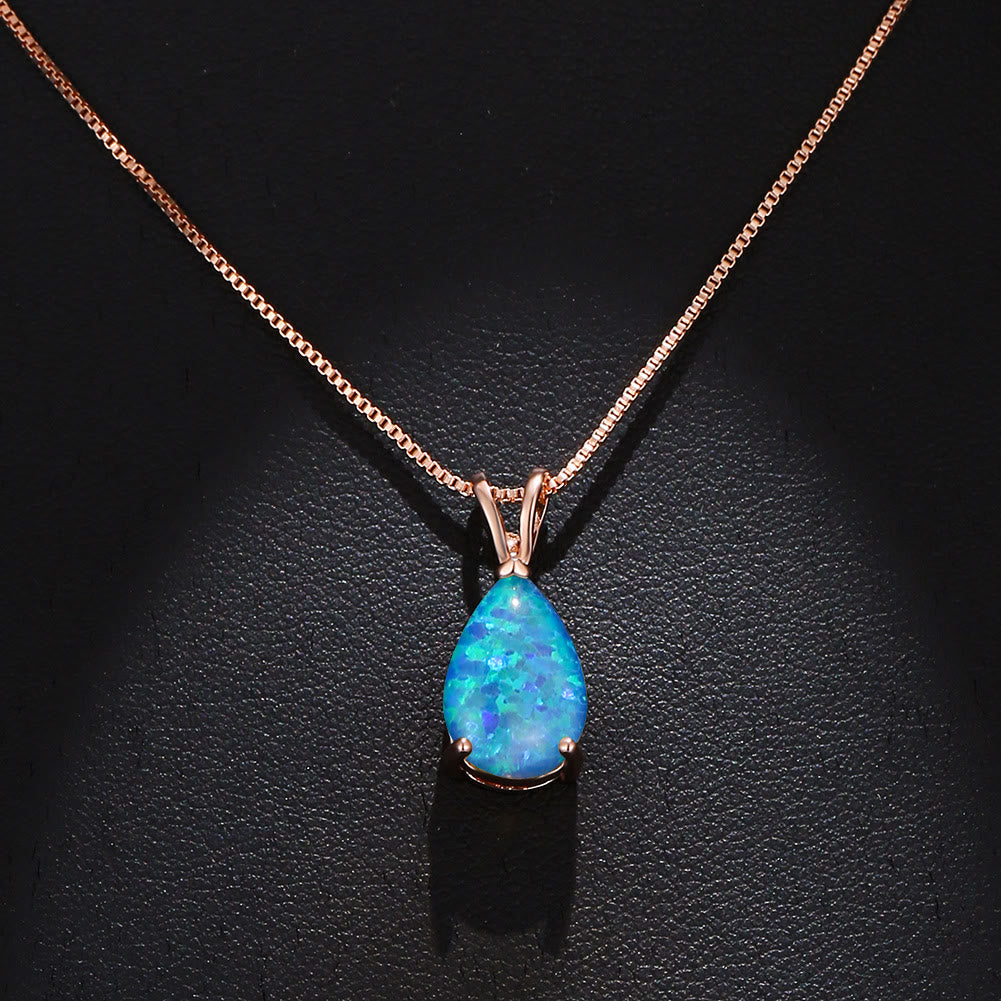 Olivenorma Synthetic Opal Water Drop Pendant Simple Necklace - Blue Opal&Rose Gold - image 3