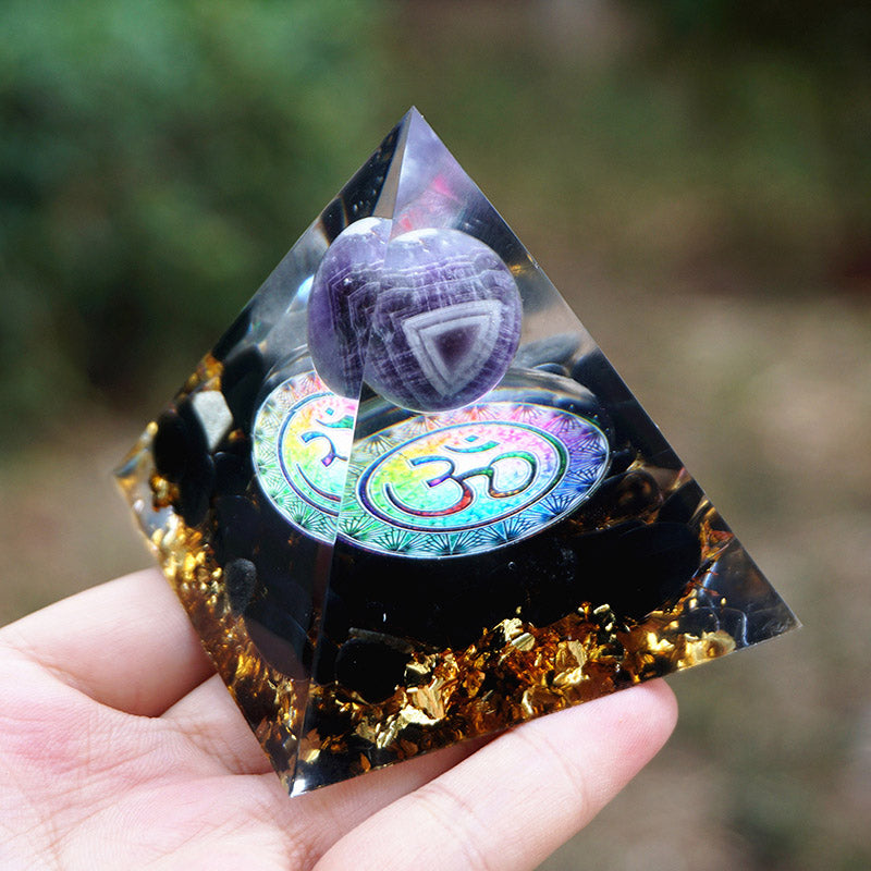 Olivenorma Natural Amethyst With Obsidian OM Symbol Orgone Pyramid - image 1