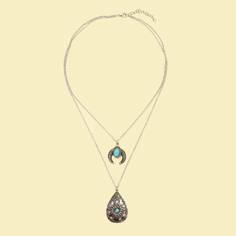 Olivenorma Turquoise Drop Carved Double Layer Pendant Necklace - image 1