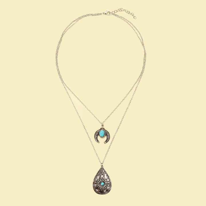 Olivenorma Turquoise Drop Carved Double Layer Pendant Necklace - image 1