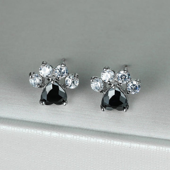 Olivenorma Kawaii Opal White Zircon Kitty Paw Earrings - Silver - White Zircon & Black Zircon - image 8