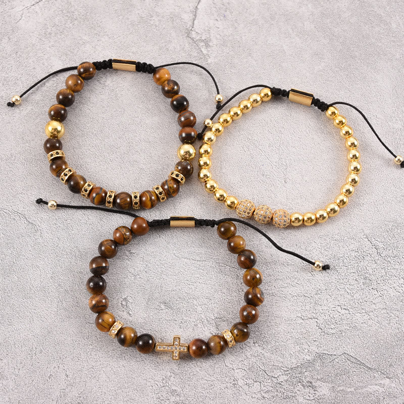 Olivenorma 3Pcs/Set Tiger Eye Stone Beaded Men Cross Bracelet - image 6