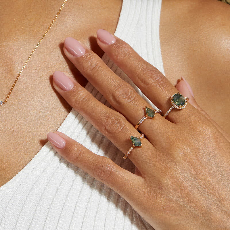 Olivenorma Diamond Moss Agate White Zircon Four Prong Ring - image 2