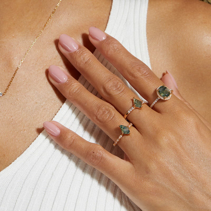 Olivenorma Diamond Moss Agate White Zircon Four Prong Ring - image 2