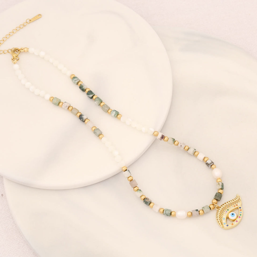 Olivenorma Natural Pearl Crystal Stone Evil Eye Pendant Necklace - Pearl&Moss Agate - image 15