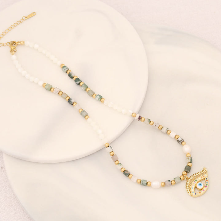 Olivenorma Natural Pearl Crystal Stone Evil Eye Pendant Necklace - Pearl&Moss Agate - image 15