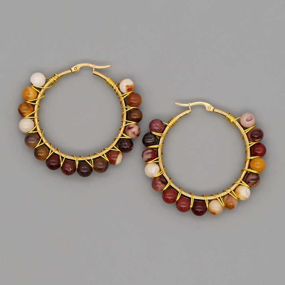 Olivenorma Boho Natural Crystal Beads Large Hoop Earrings - India Agate - image 6
