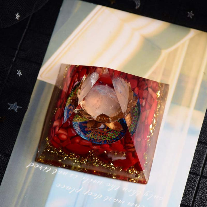 Olivenorma Red Coral Rose Quartz Lotus Symbol Orgone Pyramid - image 4