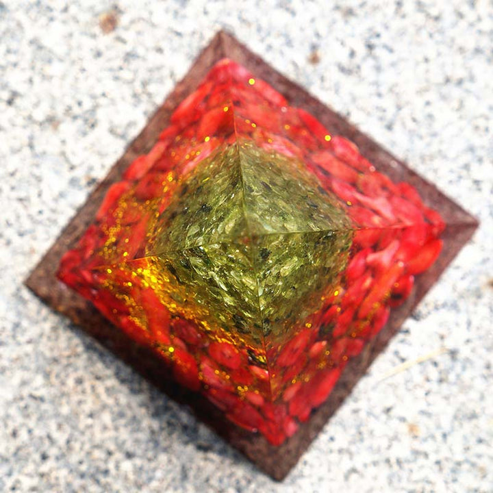 Olivenorma Peridot With Red Coral Tree Of Life Orgone Pyramid - image 6
