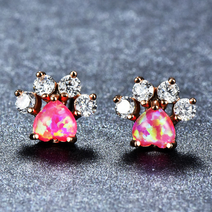 Olivenorma Kawaii Opal White Zircon Kitty Paw Earrings - Rose Gold - White Zircon & Pink Opal - image 21
