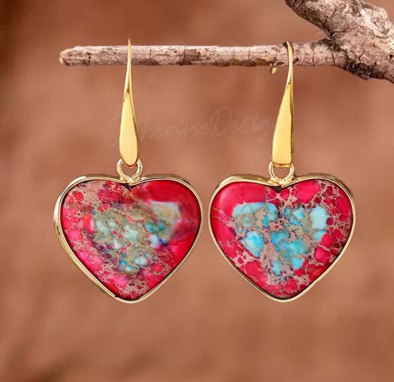 Olivenorma Oyster Turquoise Heart Shape Pendant Earrings - Red Blue Emperor Stone - image 2