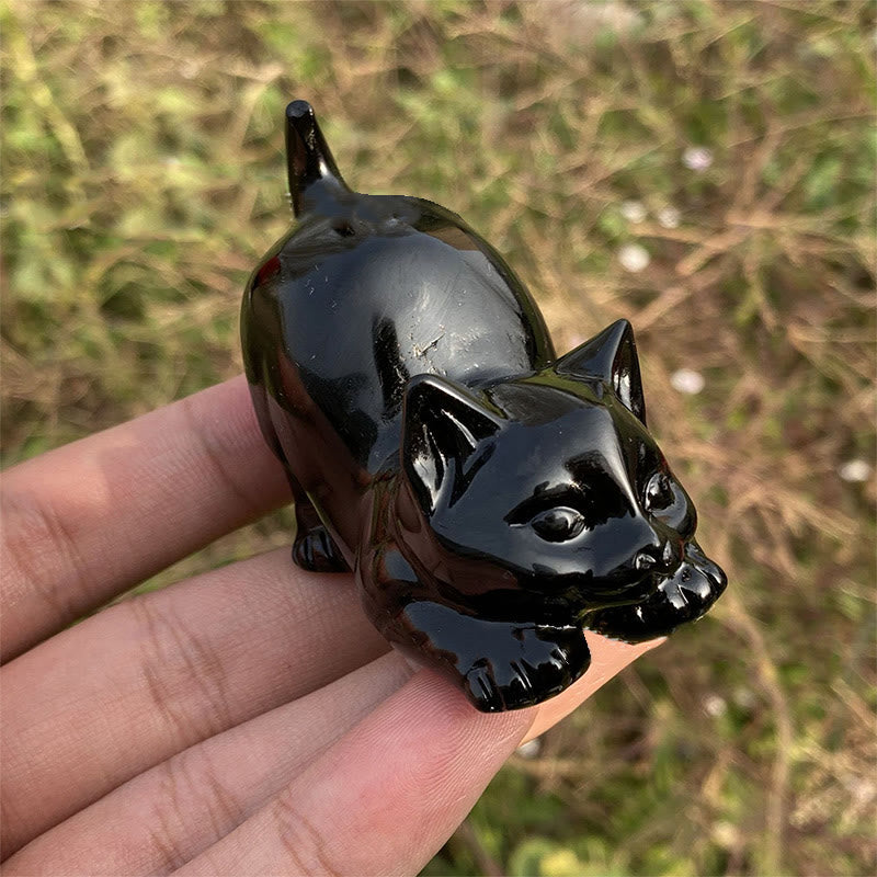 Olivenorma Natural Crystal Obsidian Cat Carving Gemstone Decoration - image 1