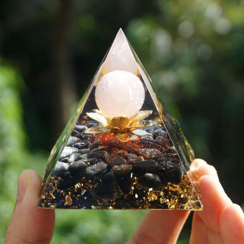 Clear Quartz Obsidian Lotus Symbol Orgone Pyramid - image 1