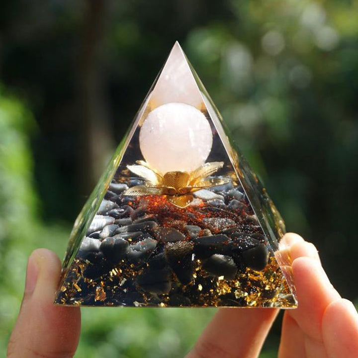 Clear Quartz Obsidian Lotus Symbol Orgone Pyramid - image 1