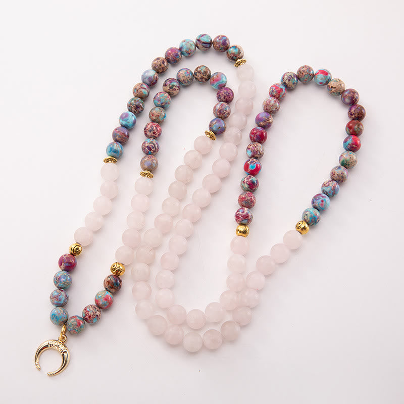 Olivenorma Rose Quartz Emperor Stone Moon Pendant Rosary Necklace - Rose Quartz&Emperor Stone - image 0