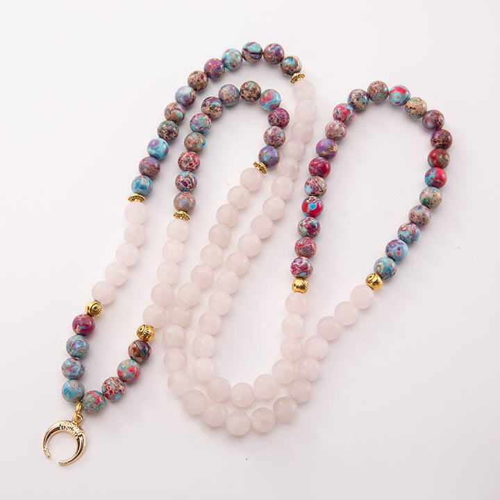 Olivenorma Rose Quartz Emperor Stone Moon Pendant Rosary Necklace - Rose Quartz&Emperor Stone - image 0