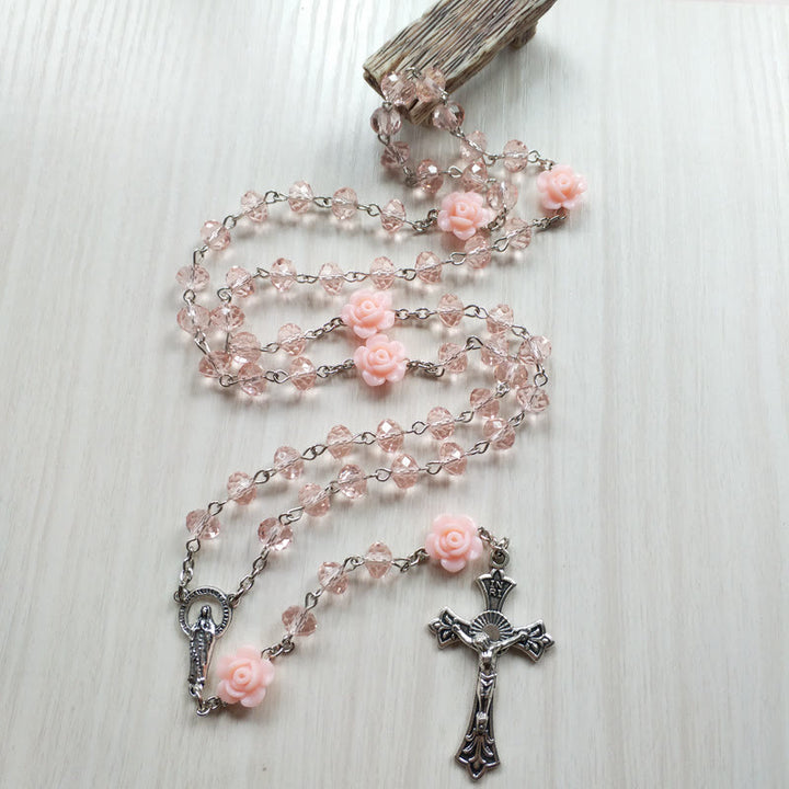 Olivenorma Rose Quartz Jesus Cross Pendant Rosary Necklace - Rose Quartz&Cross - image 0