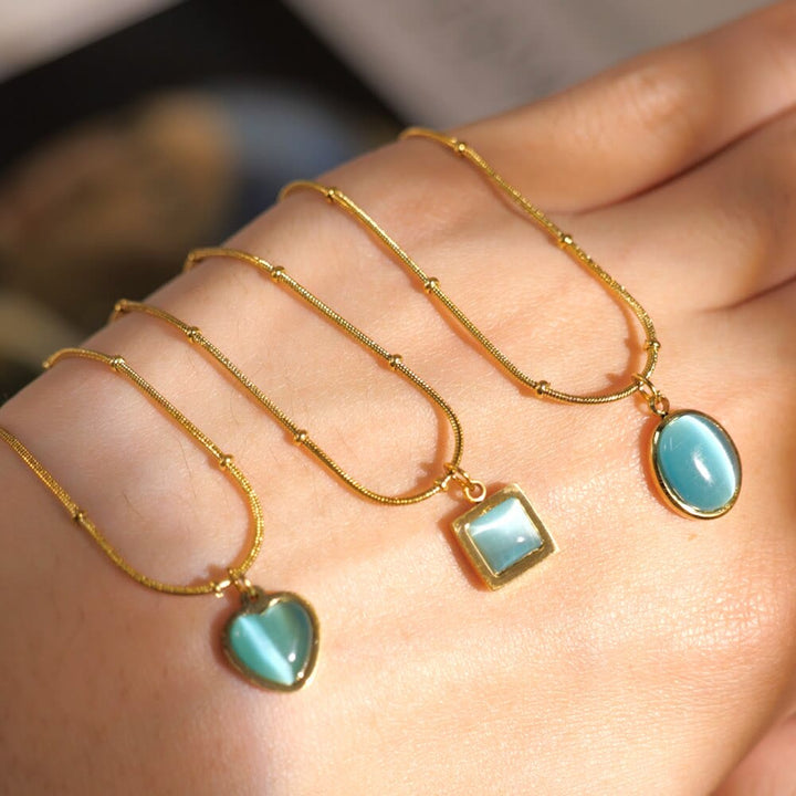 Olivenorma Blue Cat's Eye Stone Heart Square Pendant Necklace - image 8