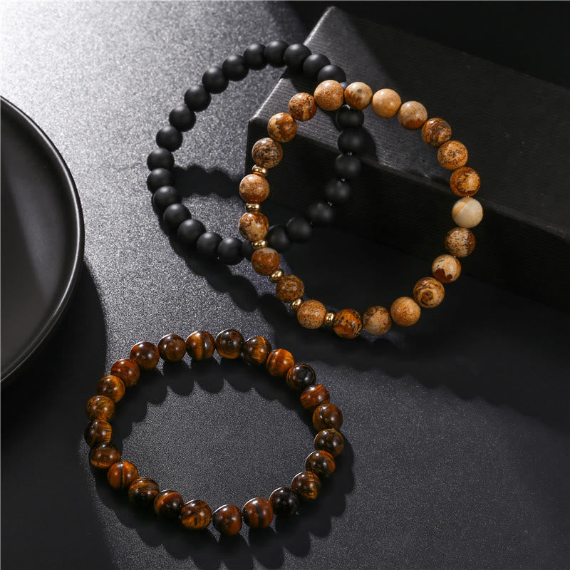 Olivenorma 3Pcs Picture Jasper Tiger Eye Black Onyx Beaded Bracelets - image 7