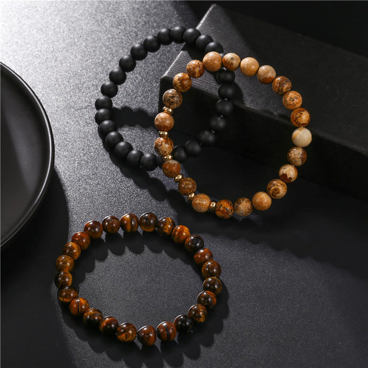 Olivenorma 3Pcs Picture Jasper Tiger Eye Black Onyx Beaded Bracelets - image 7