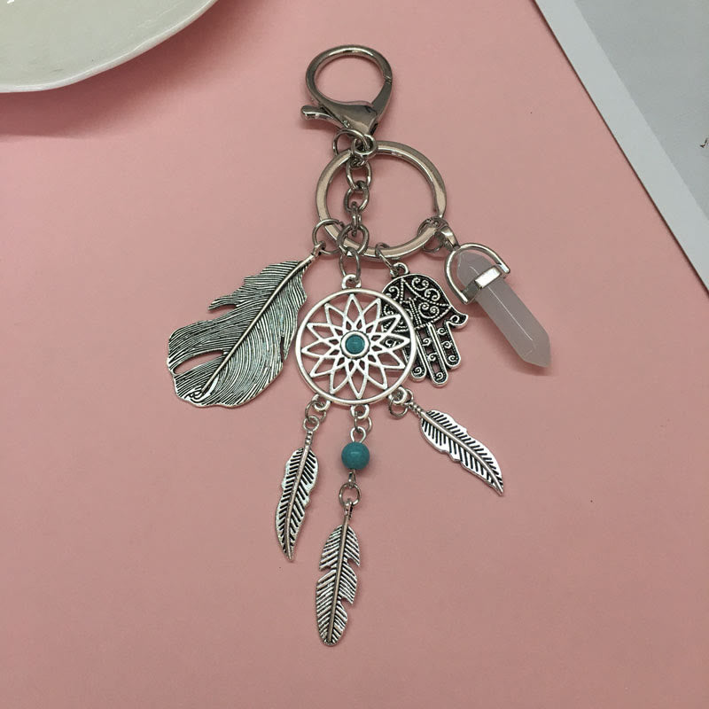 Olivenorma Natural Gemstone Dreamcatcher Pendants Hamsa Keychain - Clear Quartz - image 0