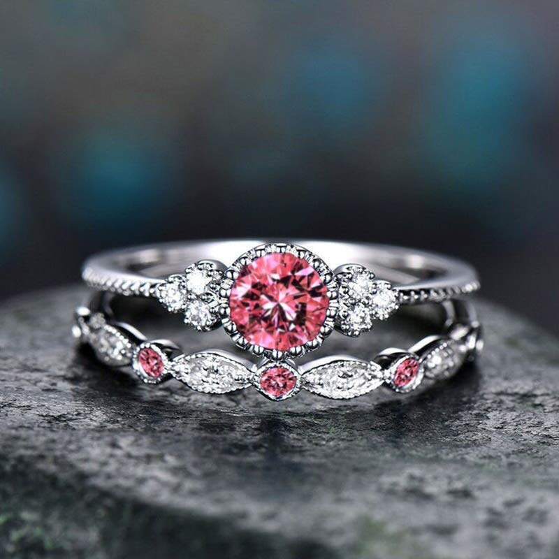 Wealth Goddess Emerald Zircon 2Pcs/Set Ring - Pink - 10 - image 12