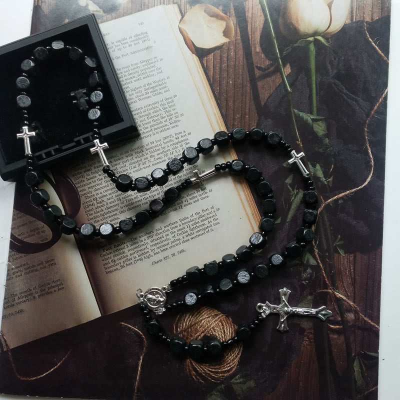 Olivenorma Black Square Wooden Cross Rosary Necklace - image 4