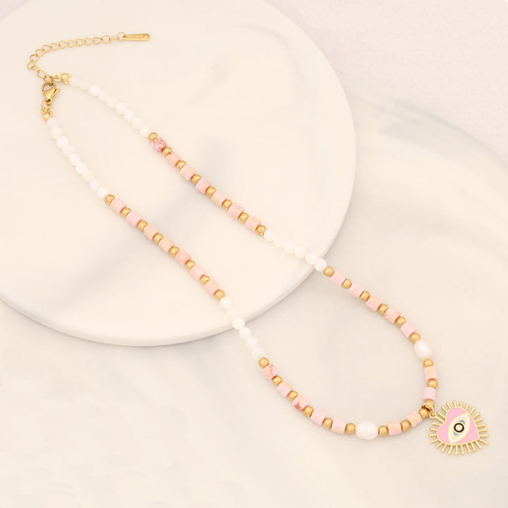 Olivenorma Natural Pearl Crystal Stone Evil Eye Pendant Necklace - Pearl&Pink Emperor Stone - image 9