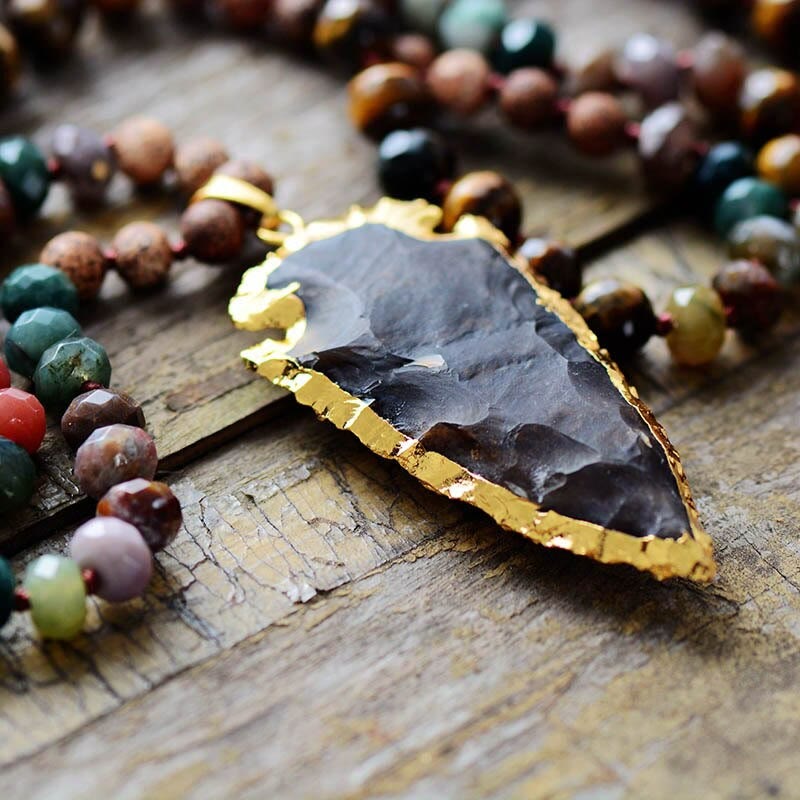 Olivenorma Tiger Eye Obsidian Stone Arrowhead Pendant Mala Necklace - image 2