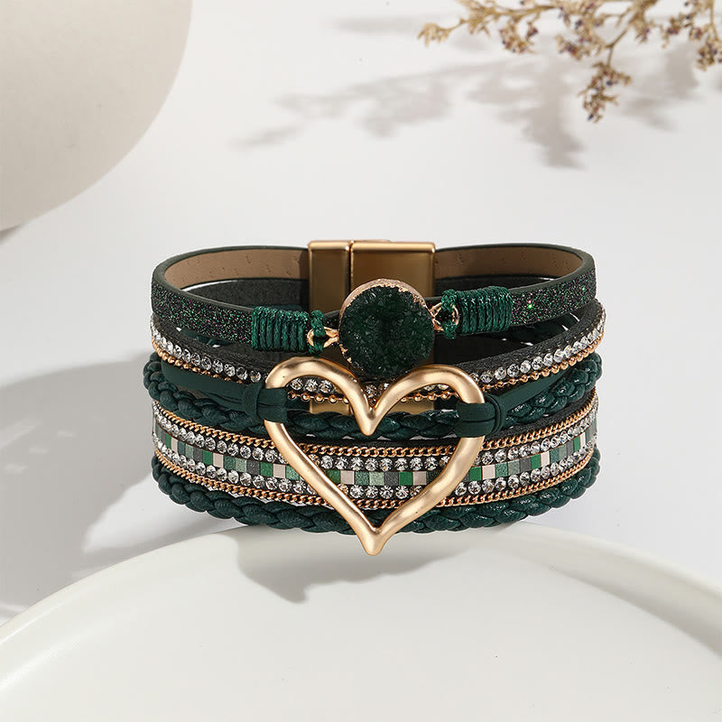 Olivenorma Multicolor Crystal Cluster Metallic Heart Braided Leather Bracelet - ArmyGreen - image 15