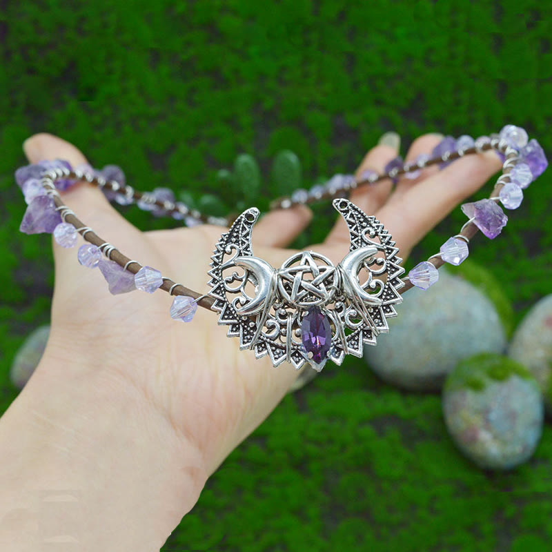 Olivenorma Natural Crystal Sun Moon Woven Flower Crystal Crown - Amethyst - image 2