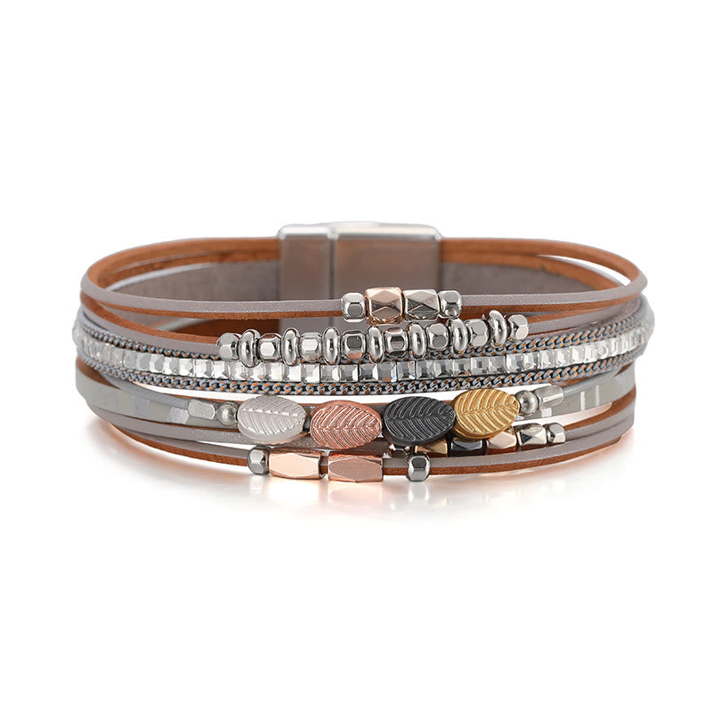 Olivenorma Hematite White Zircon Leaf Tiered Leather Bracelet - Silver - image 5