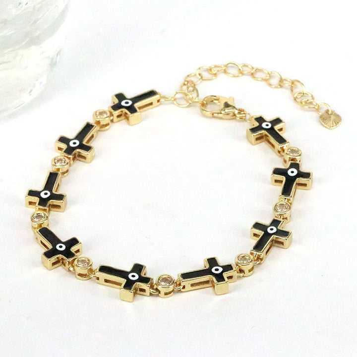 Olivenorma Color Dripping Evil Eye Alloy Cross Beads Bracelet - Black Cross - image 4
