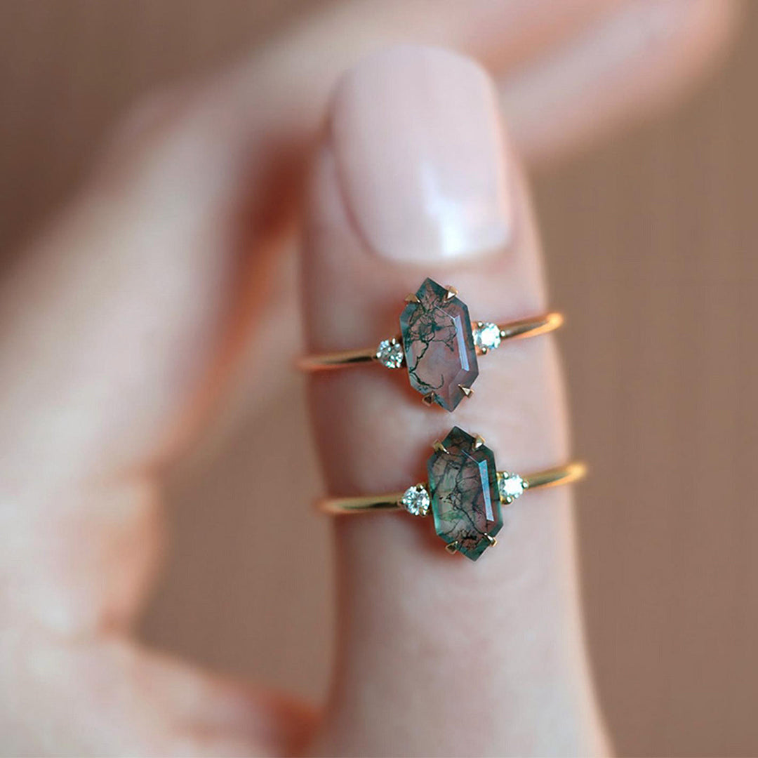 Olivenorma Hexagonal Moss Agate White Zircon S925 Adjustable Ring - image 6