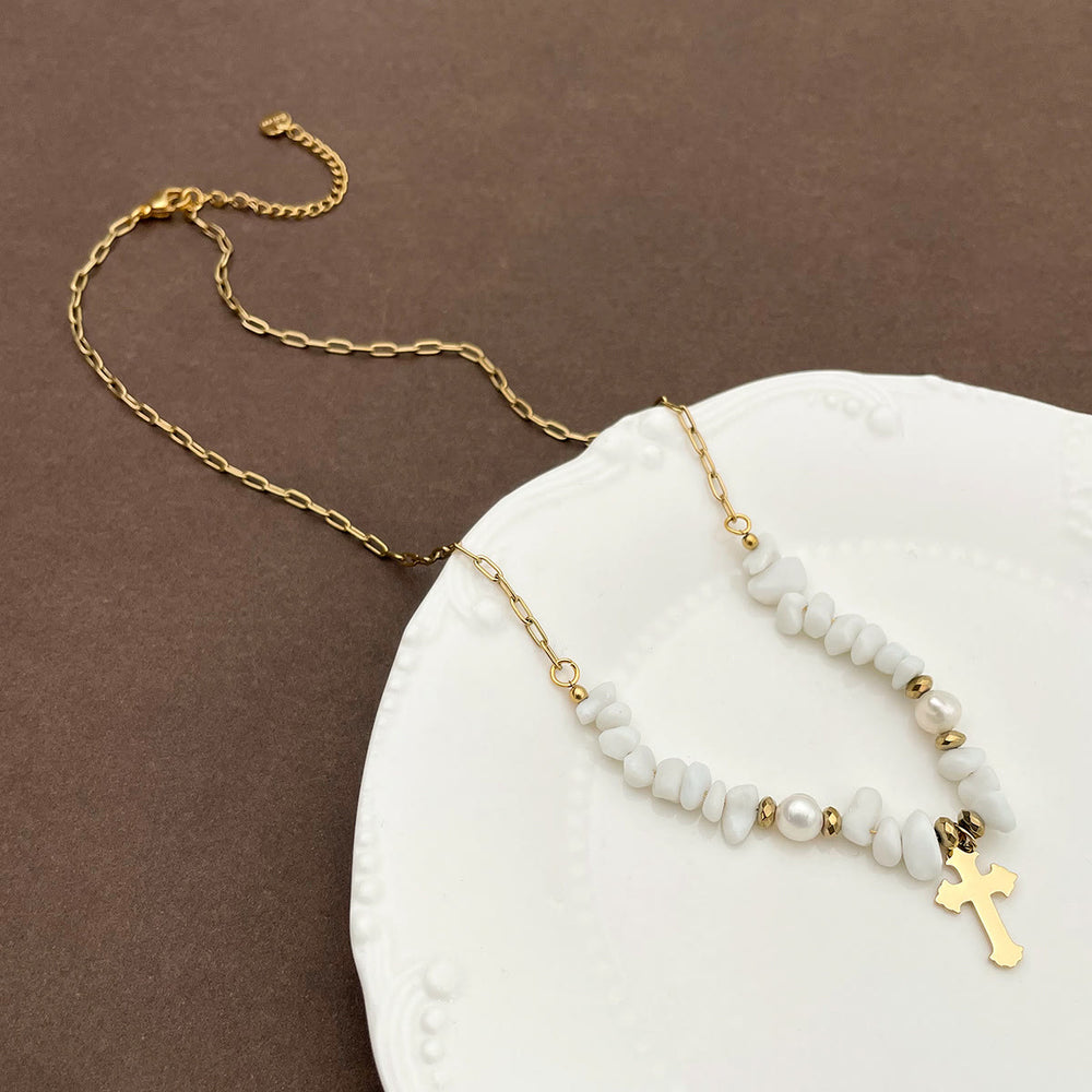 Olivenorma Hand Beaded Gravel Cross Irregular White Jade Necklace - image 1