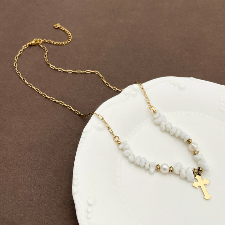 Olivenorma Hand Beaded Gravel Cross Irregular White Jade Necklace - image 1