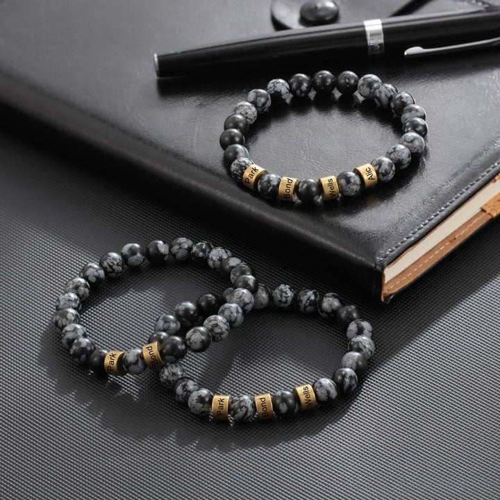 Olivenorma Natural Stone Engraving Personalized Beads Men Bracelet - Snowflake Obsidian - Rose Gold - 5th Engraving - image 44