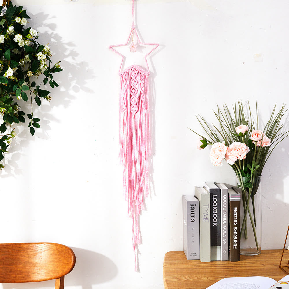 Olivenorma Star Moon Macrame Tassel Dream Catcher - Rose Quartz - Star - With Lights - image 7