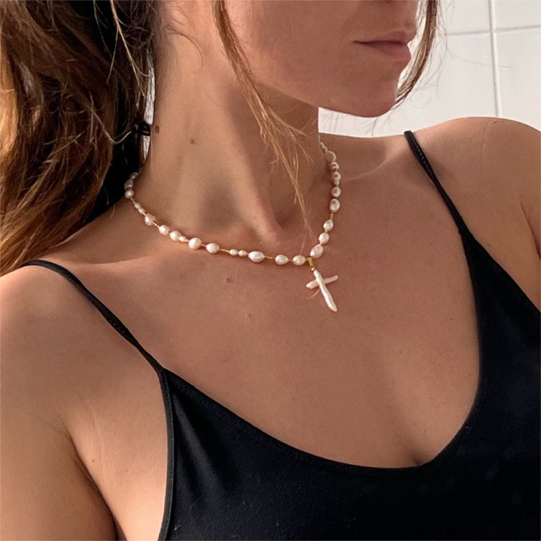 Olivenorma Freshwater Pearl Cross Pendant Necklace - image 1