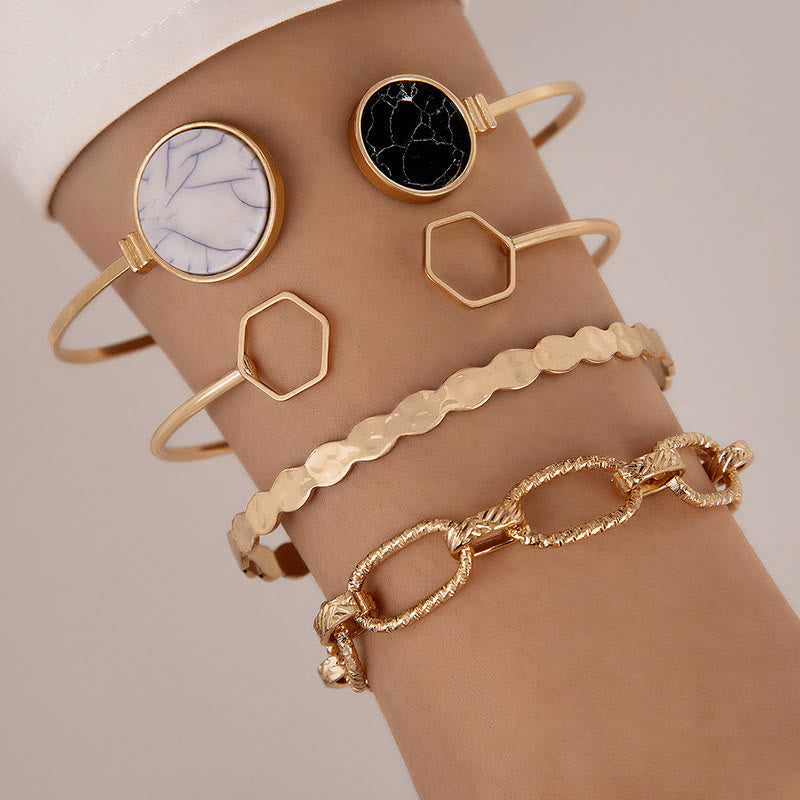 Olivenorma Natural Stone Alloy Five Piece Open Bracelet Set - Black Turquoise& Hexagonal Five Piece Set - image 10