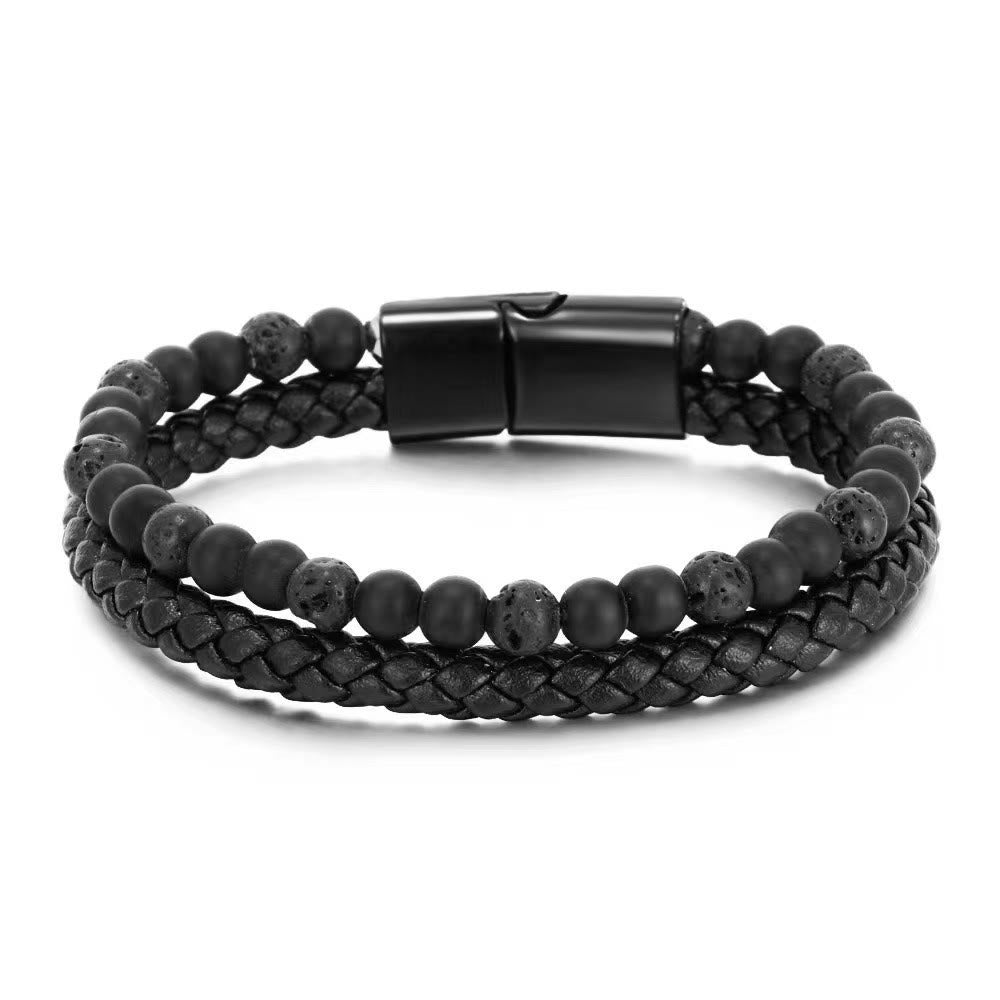 Olivenorma Natural Tiger Eye Leather Rope Double Layer Bracelet - Black Onyx&Lava Stone - image 0
