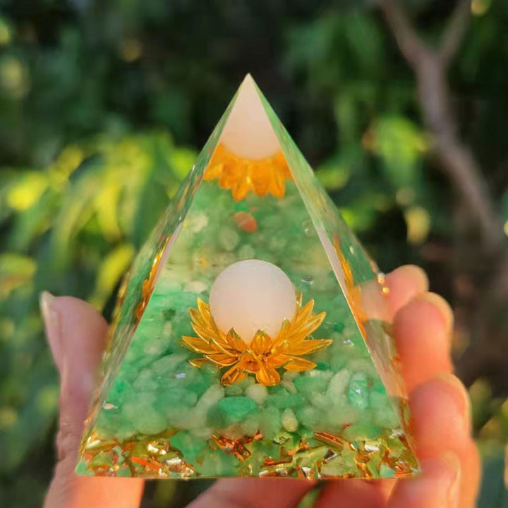 Olivenorma Green Aventurine Clear Quartz Lotus Symbol Orgone Pyramid - image 2