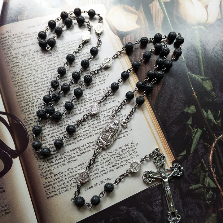 Olivenorma Lava Stone Catholic Cross Pendant Rosary Necklace - image 5