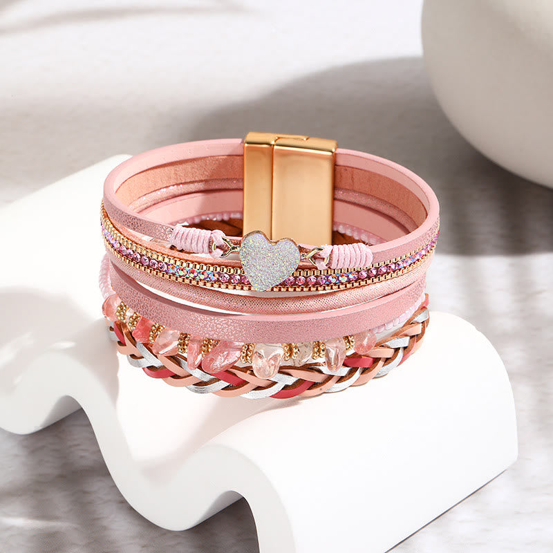 Olivenorma Natural Crystal Beaded Heart Charm Leather Bracelet - Strawberry Quartz - image 7