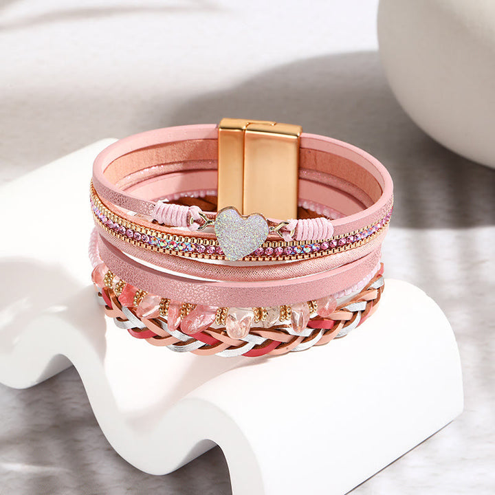 Olivenorma Natural Crystal Beaded Heart Charm Leather Bracelet - Strawberry Quartz - image 7