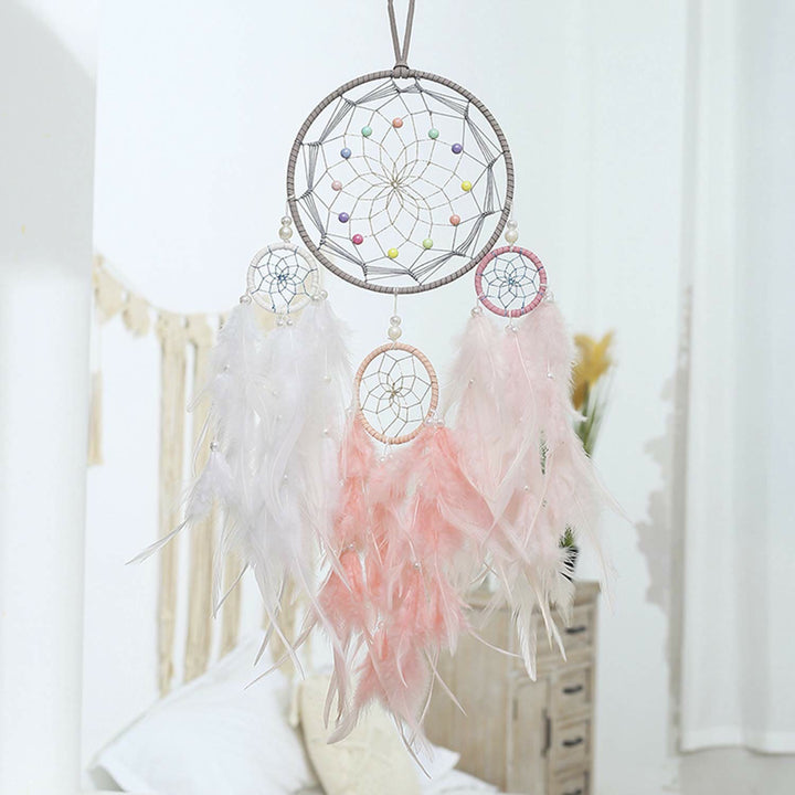 Olivenorma Indian Style Three Ring Feather Dream Catcher - Pink&White - Without Lights - image 0
