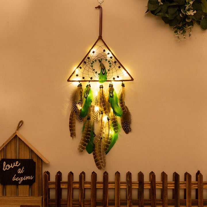 Olivenorma Natural Green Wooden Beads Peacock Feather Dream Catcher - Triangle - With Lights - image 5